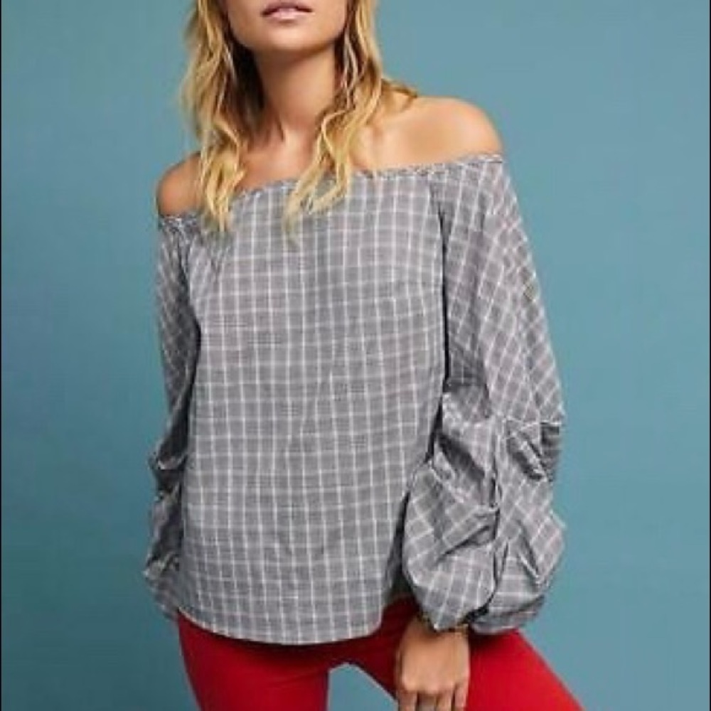 Guest Editor Off Shoulder Plaid Top